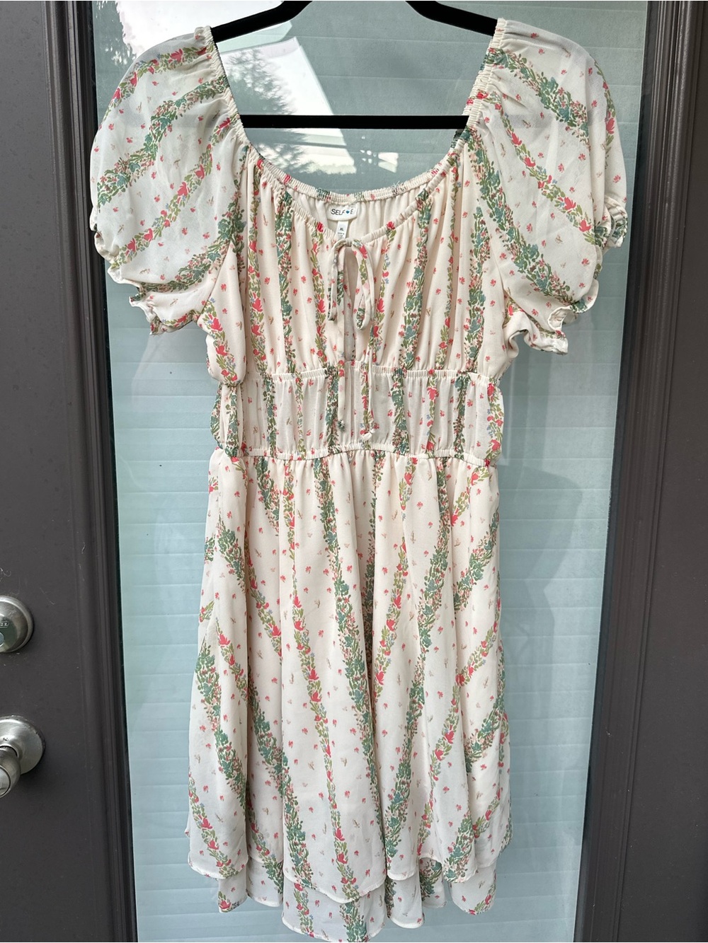 Cream Floral Puff Sleeve Peasant Mini Dress | Size XL | Self E (Macy’s Brand)